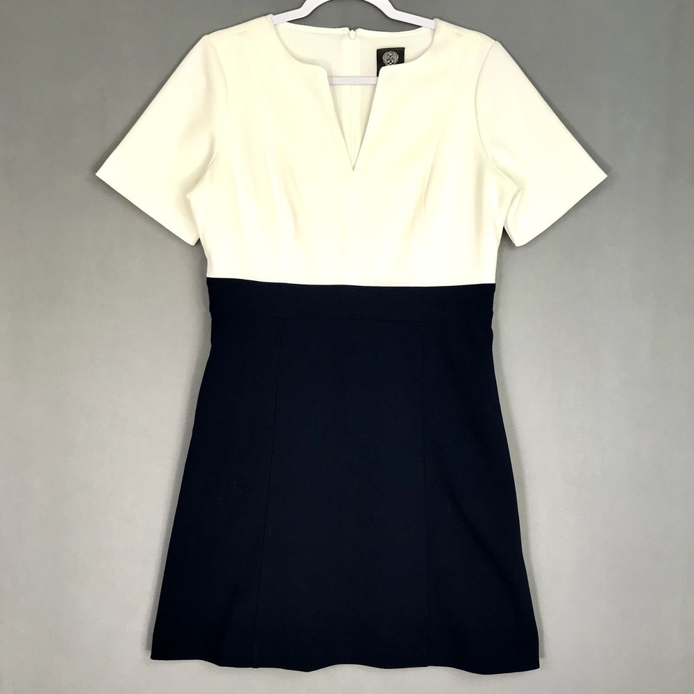Vince Camuto Dress 8 Ivory Blue Sheath Colorblock V Neck Short Sleeve Scuba FLAW